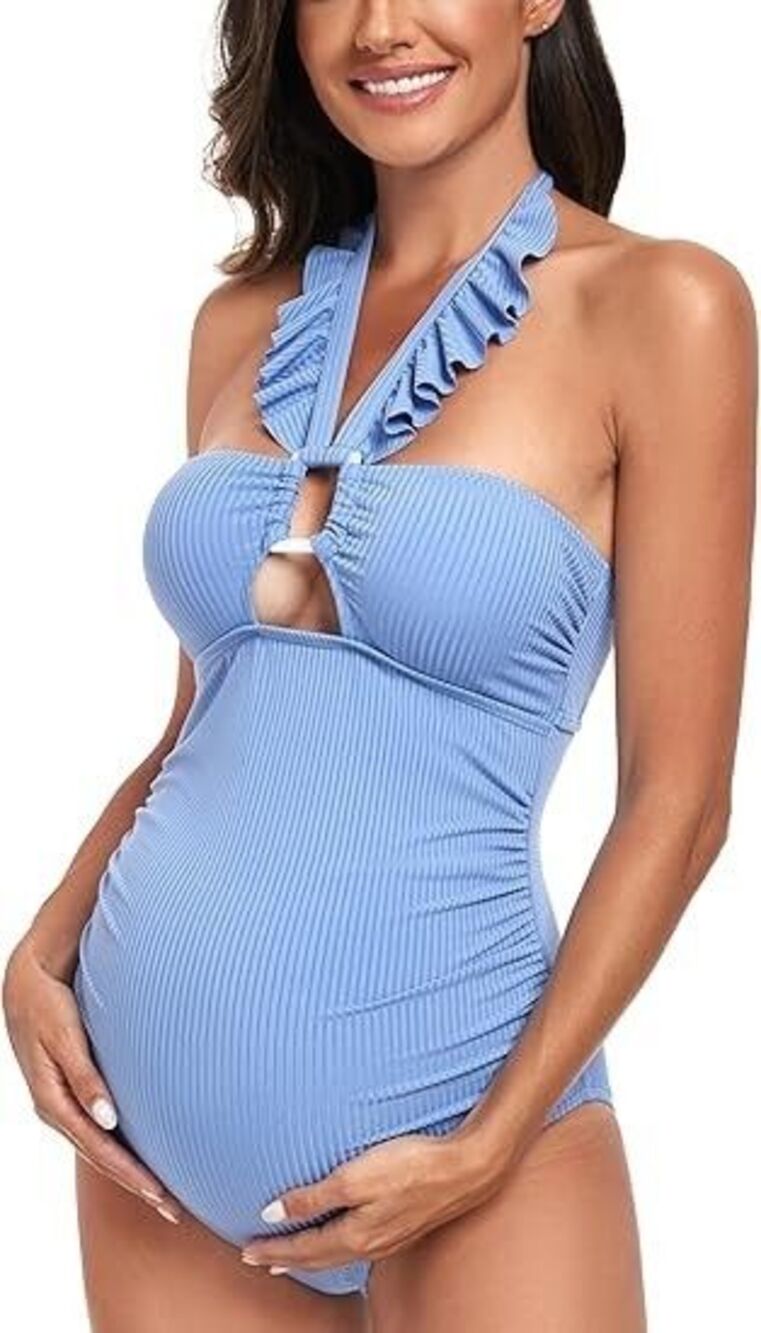 EastElegant Maternity Ruffle Ribbed Cutout 1 Piece Swimsuit Square Ring Sz L NWT